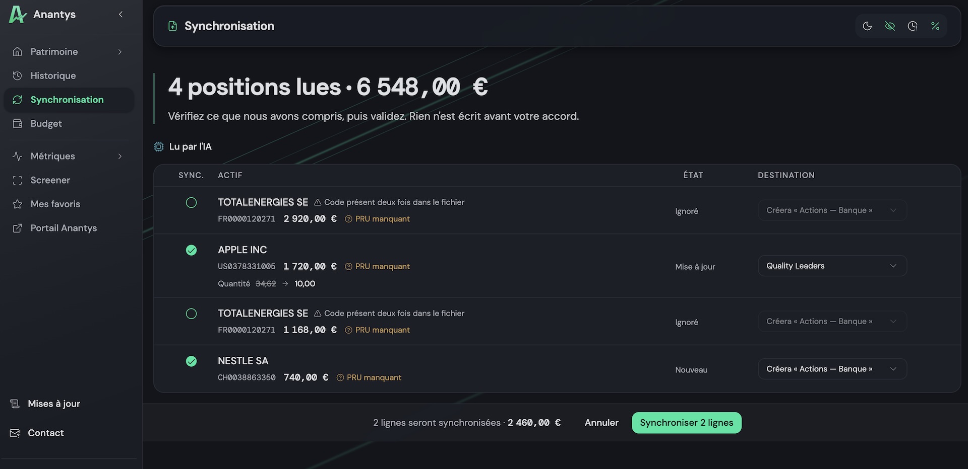 Ecran de verification de l'import Anantys : 4 positions lues pour 6 548,00 euros, avec l'etat et la destination de chaque ligne